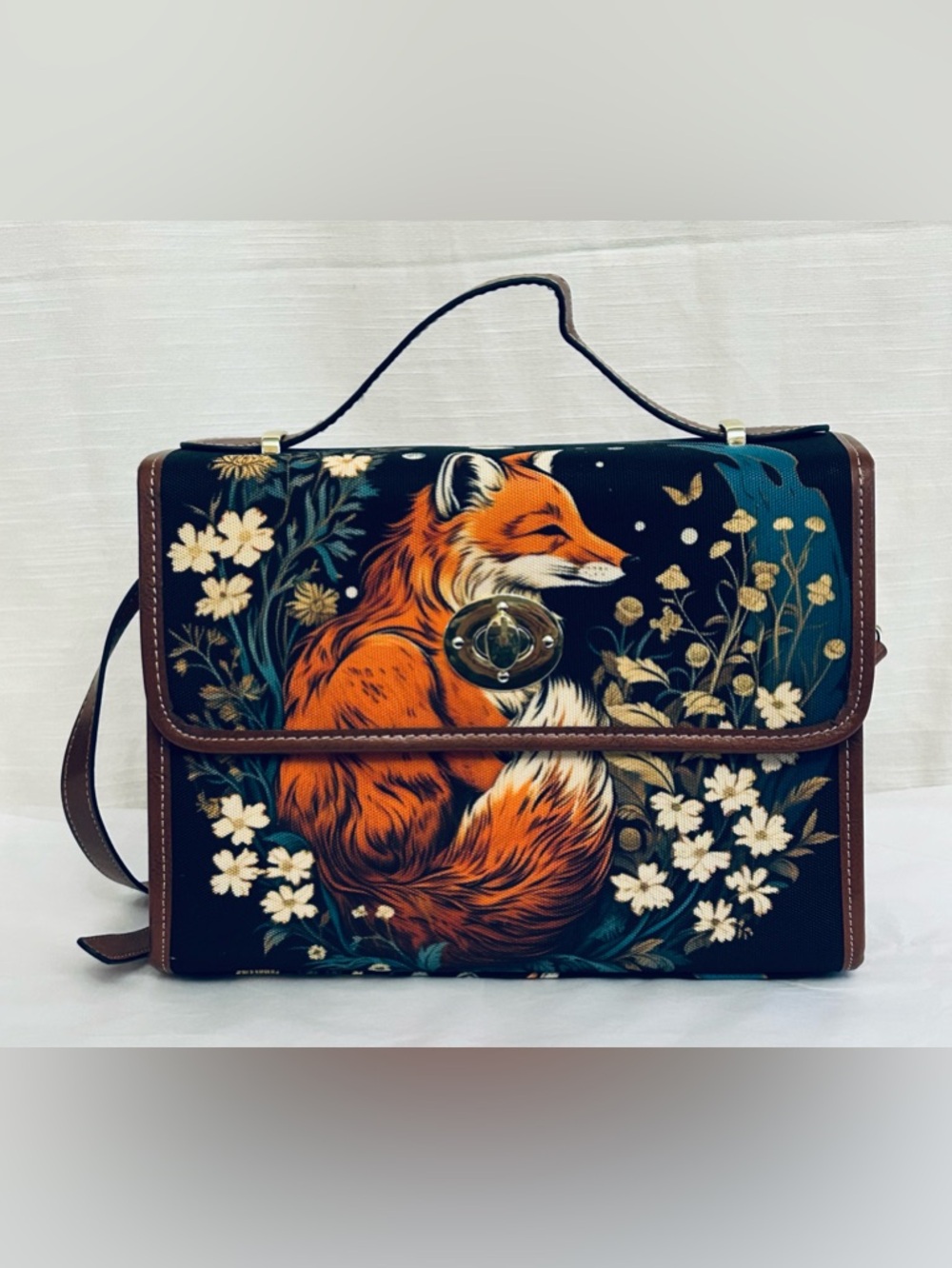 NWOT Fox Illustration Vegan Leather Satchel Handbag‎ in Orange, Brown, Cream